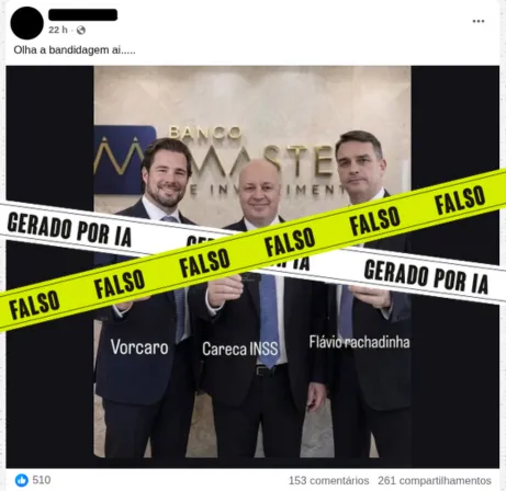 Falso: Imagem com Vorcaro, ‘Careca do INSS’ e Flávio Bolsonaro foi gerada por IA